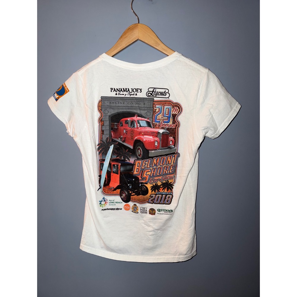 Belmont Shore Car Show 2018 T-Shirt White V-Neck 29th Annual Long Beach womens M